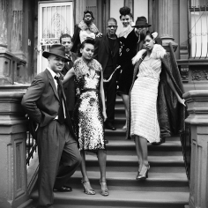 Arthur Elgort, Pianist Jason Moran, guitarist Mark Whitfield, saxophonist David Sánchez, and the band leader Paul Ellington, with models wearing outfits by Prada, 2000